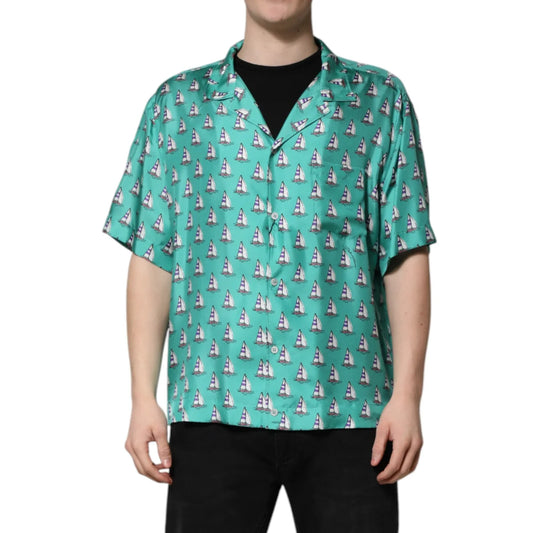 Gabbana Green Printed Casual Shirt with Classic Neck and Short Sleeves Dolce &