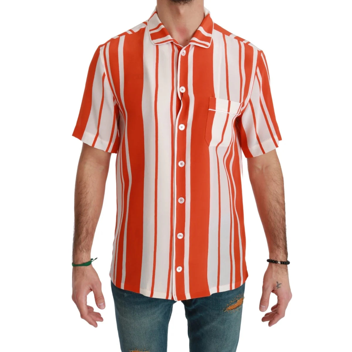 Gabbana Orange Silk Striped Short Sleeve Shirt Authentic Luxury Dolce &