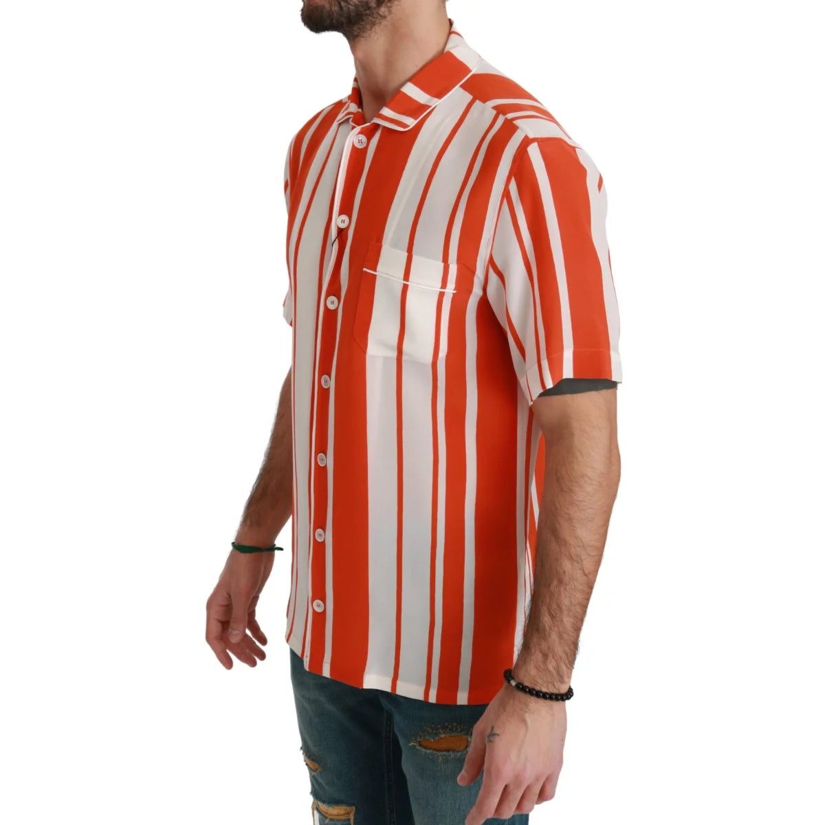 Gabbana Orange Silk Striped Short Sleeve Shirt Authentic Luxury Dolce &