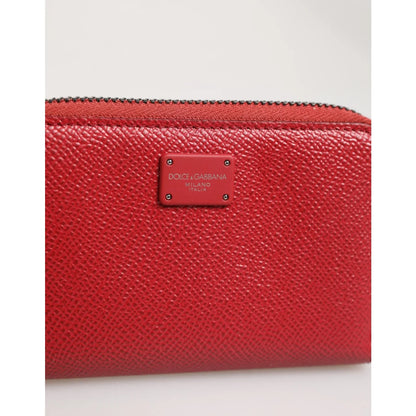 Gabbana Red Leather Zip Wallet with Silver Logo Plaque Luxury Dolce &