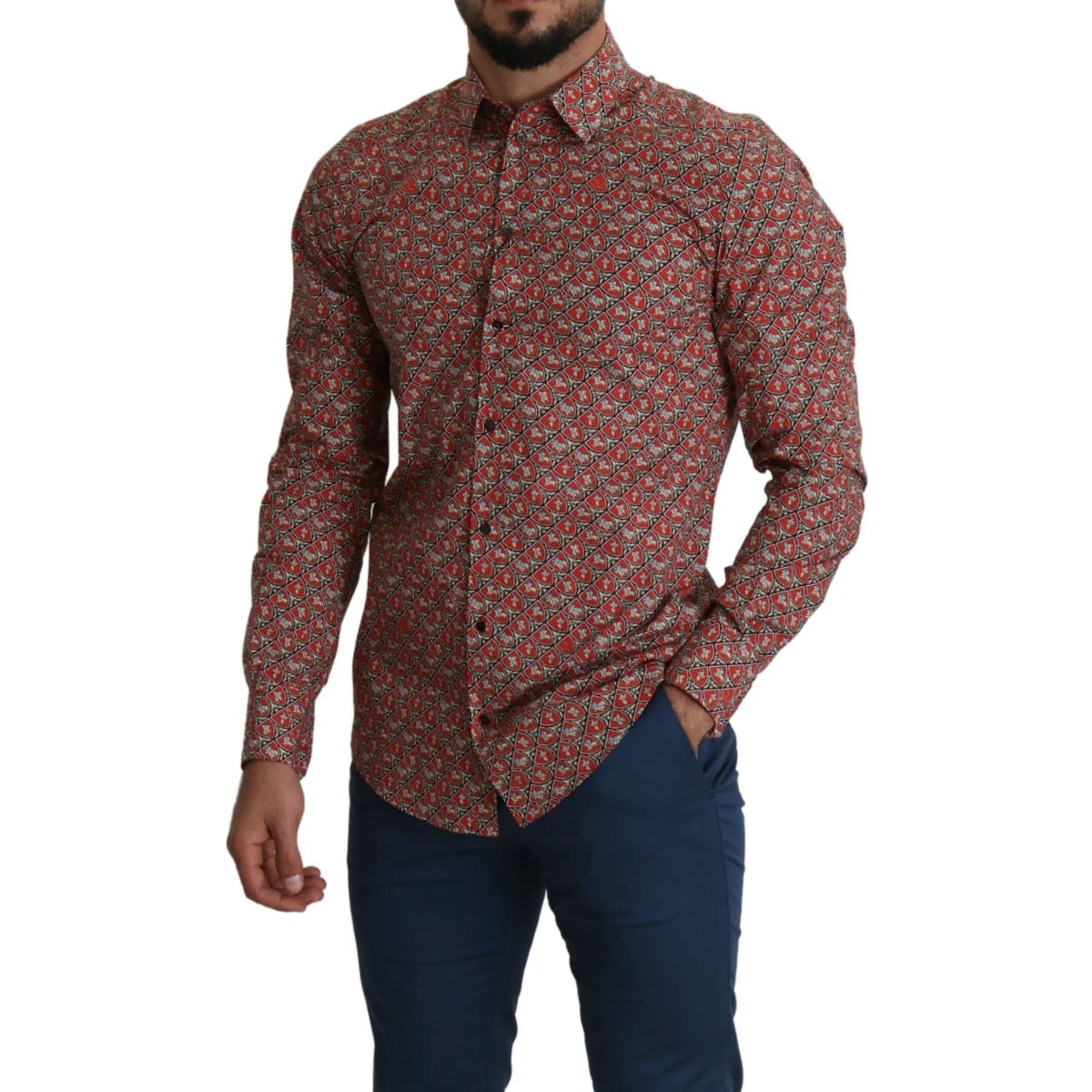 Gabbana Red Printed Knight Formal Cotton Shirt Martini Fit Dolce &