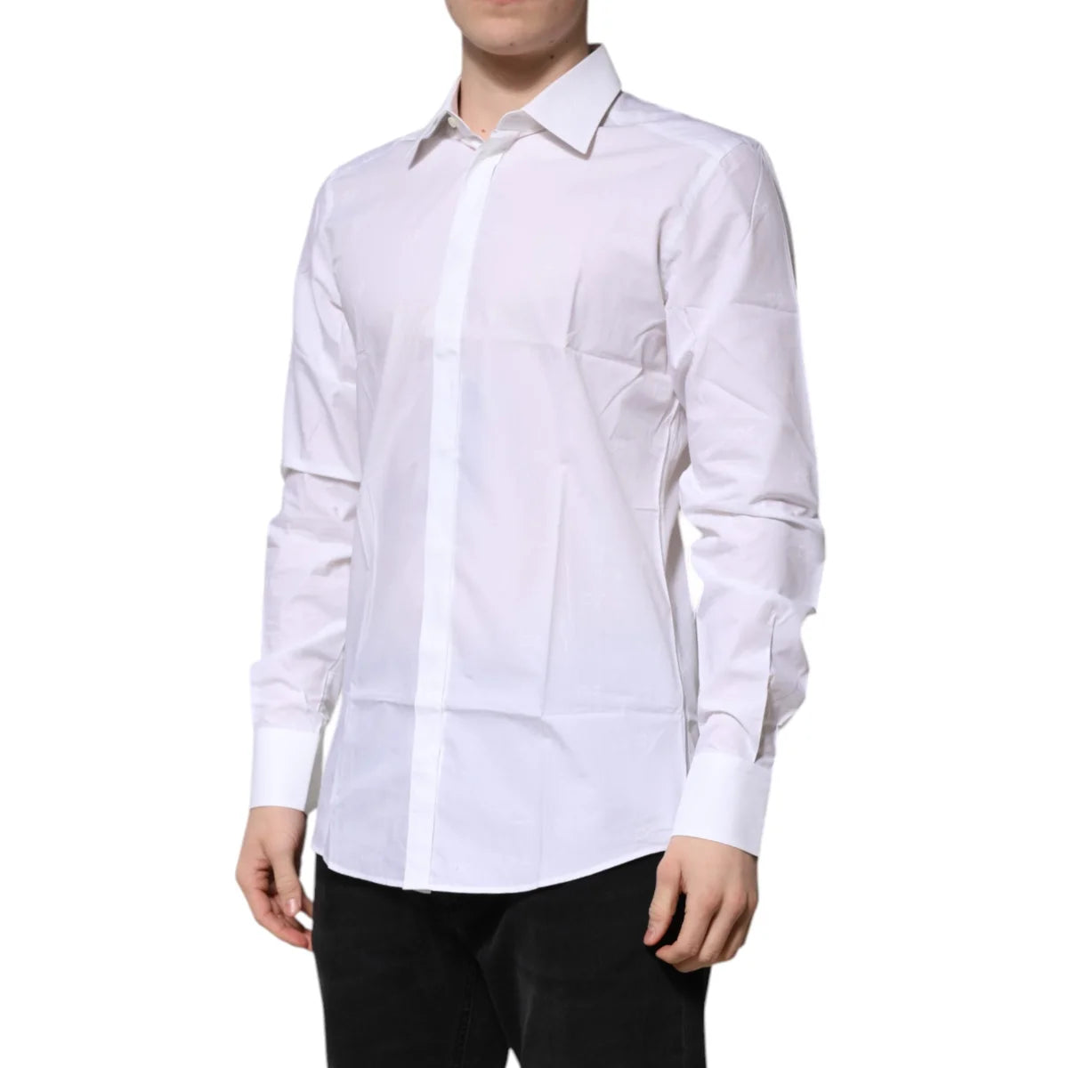 Gabbana White Cotton Gold Dress Shirt with Classic Neck and Long Sleeves Dolce &