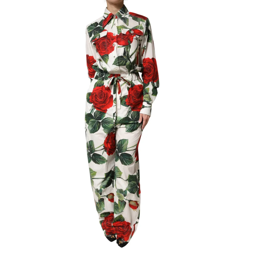 Gabbana White Cotton Jumpsuit with Vibrant Floral Print Dolce &