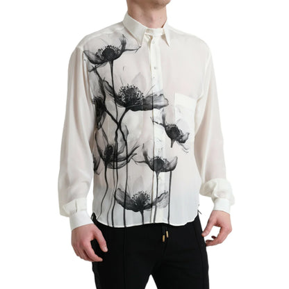 Gabbana White Floral Collared Silk Dress Shirt for Effortless Elegance Dolce &