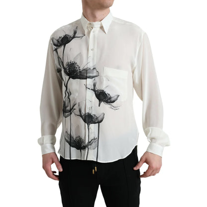 Gabbana White Floral Collared Silk Dress Shirt for Effortless Elegance Dolce &