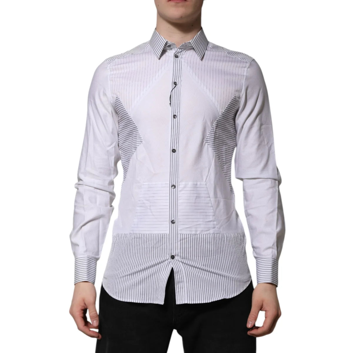 Gabbana White Striped Dress Shirt with Classic Neck and Long Sleeves Dolce &