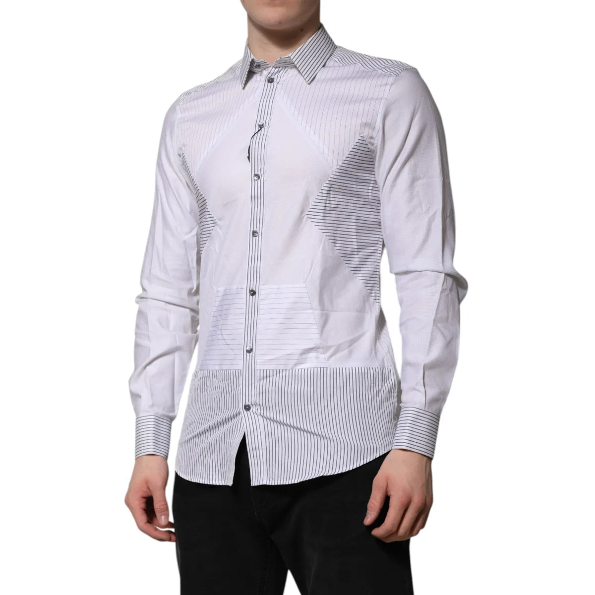Gabbana White Striped Dress Shirt with Classic Neck and Long Sleeves Dolce &