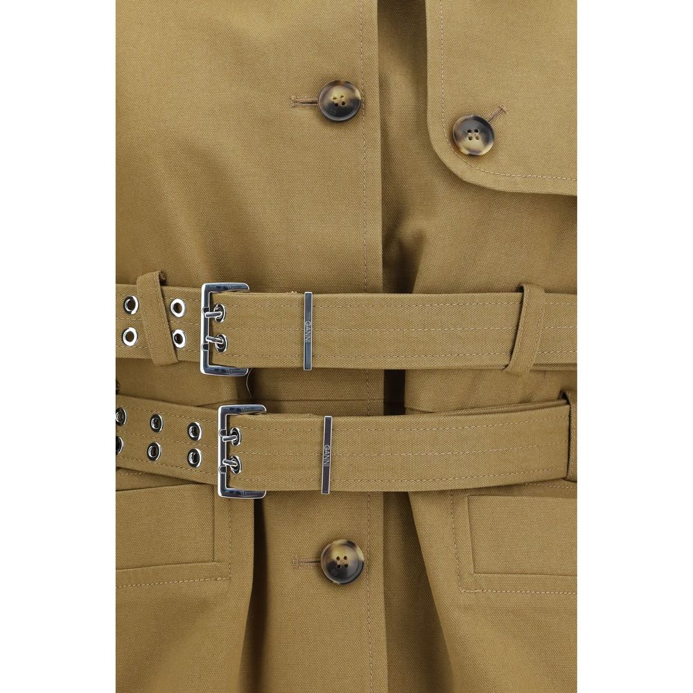 Ganni Trench Coats - Beige Cotton Full-Length Jacket