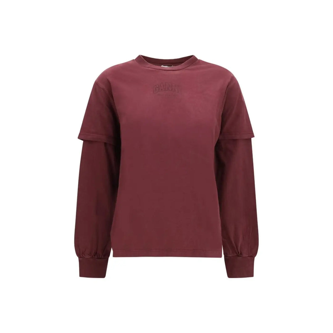 Ganni Bordeaux Cotton Long Sleeve T-shirt