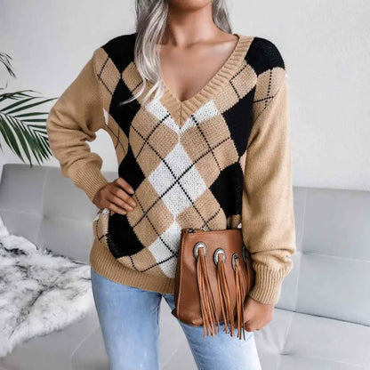 Elevate Your Style with the Geometric V-Neck Sweater Clothing Tops Trendsi