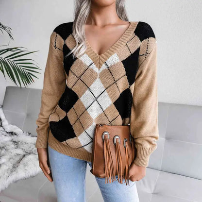 Elevate Your Style with the Geometric V-Neck Sweater Clothing Tops Trendsi