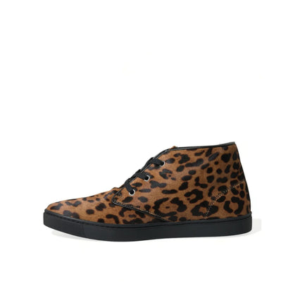 Glam DOLCE & GABBANA Brown Leopard Pony Hair Sneakers Rubber Cleated Sole Dolce Gabbana