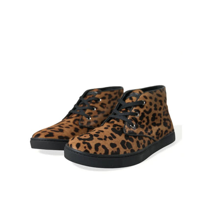 Glam DOLCE & GABBANA Brown Leopard Pony Hair Sneakers Rubber Cleated Sole Dolce Gabbana