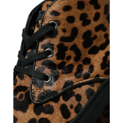 Glam DOLCE & GABBANA Brown Leopard Pony Hair Sneakers Rubber Cleated Sole Dolce Gabbana