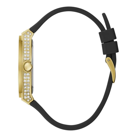 Golden Quartz Analog Watch with Black Silicone Strap Fashion Clothing Accessory Guess