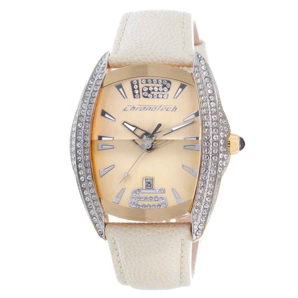 Golden Quartz Watch with Beige Leather Band for Stylish Clothing Appeal Chronotech