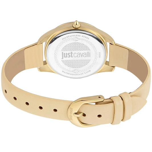 Golden Stainless Steel Watch with Beige Leather Strap for Stylish Clothing Just Cavalli