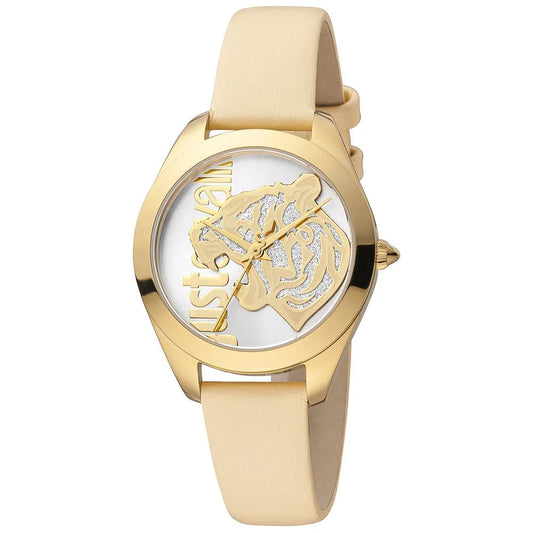 Golden Stainless Steel Watch with Beige Leather Strap for Stylish Clothing Just Cavalli