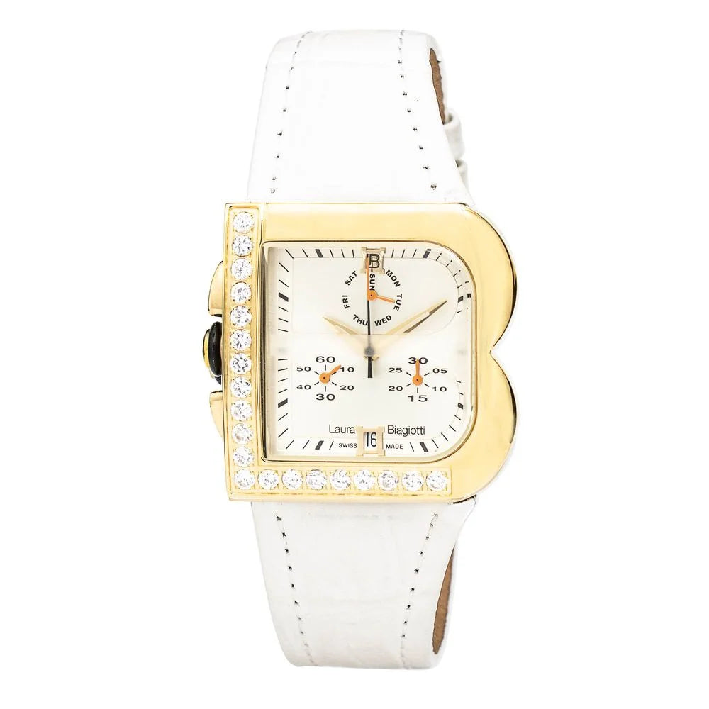 Golden Steel Quartz Watch with White Leather Strap for Stylish Clothing Laura Biagiotti