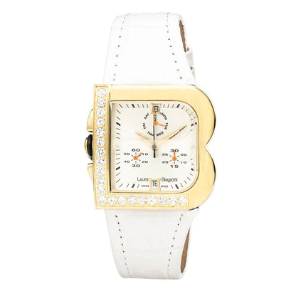 Golden Steel Quartz Watch with White Leather Strap for Stylish Clothing Laura Biagiotti