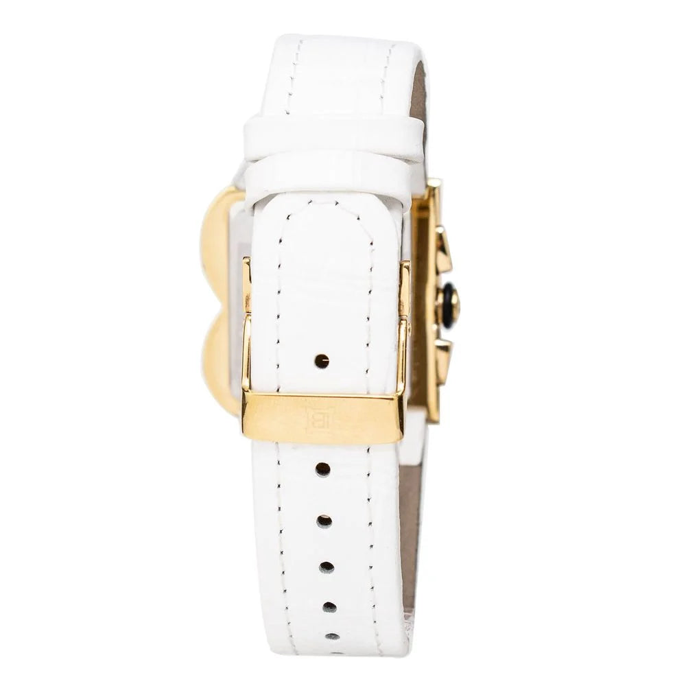 Golden Steel Quartz Watch with White Leather Strap for Stylish Clothing Laura Biagiotti