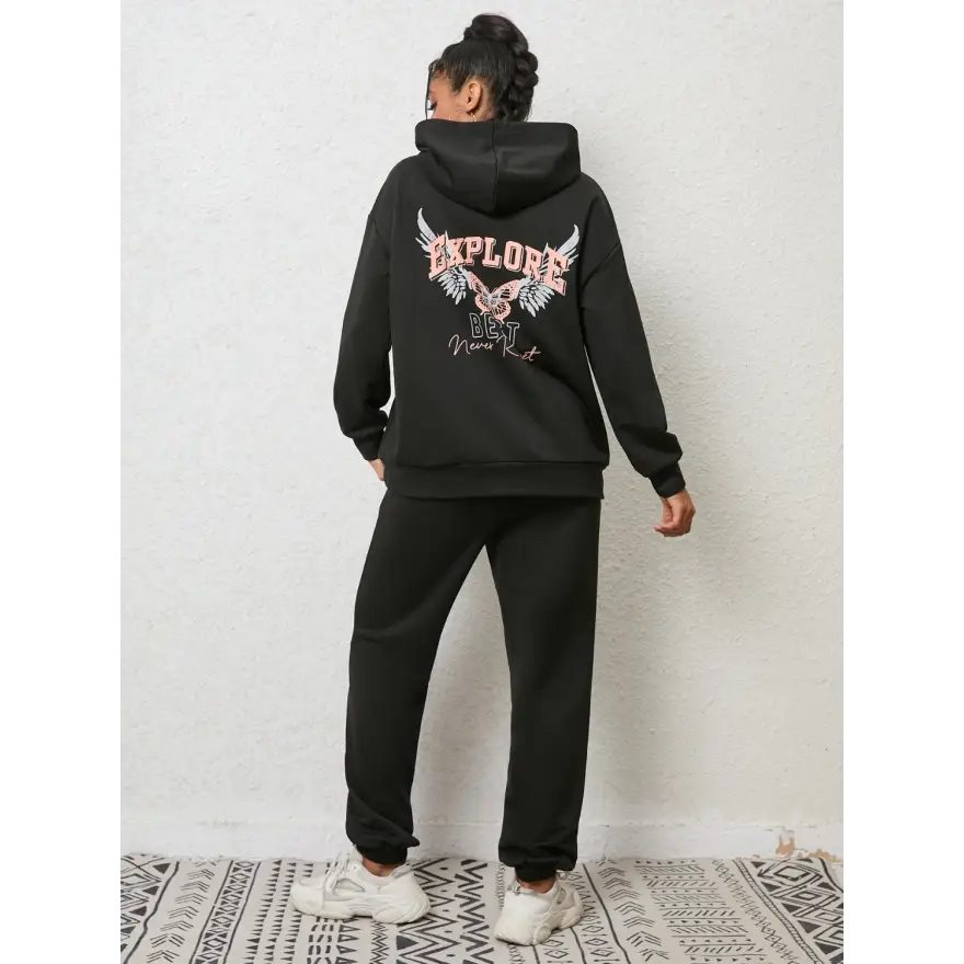 Cozy Graphic Hoodie and Sweatpants Set with Adjustable Sleeve Length Clothing Tops Trendsi