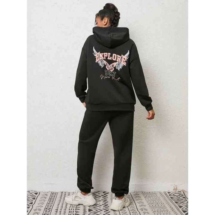 Cozy Graphic Hoodie and Sweatpants Set with Adjustable Sleeve Length Clothing Tops Trendsi