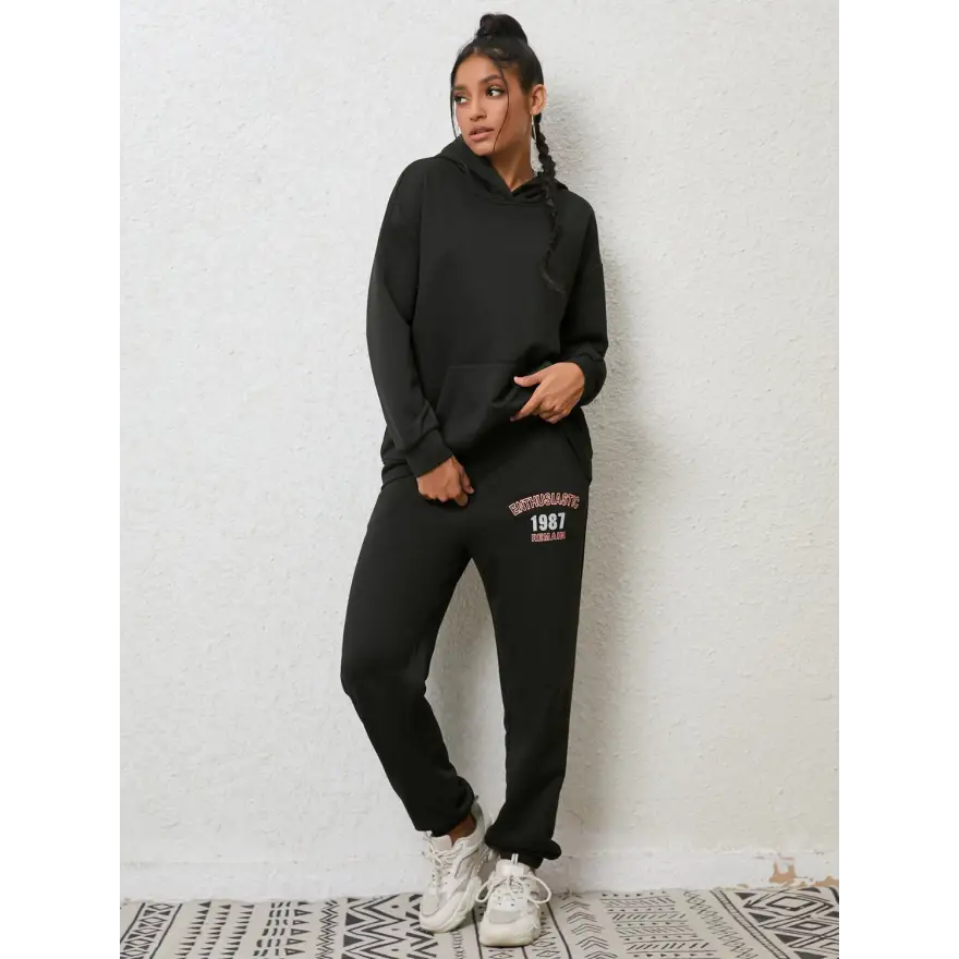 Cozy Graphic Hoodie and Sweatpants Set with Adjustable Sleeve Length Clothing Tops Trendsi