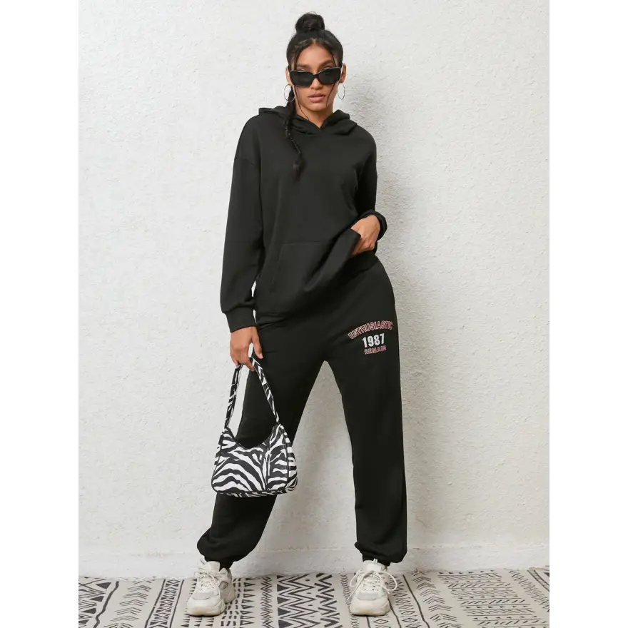Cozy Graphic Hoodie and Sweatpants Set with Adjustable Sleeve Length Clothing Tops Trendsi