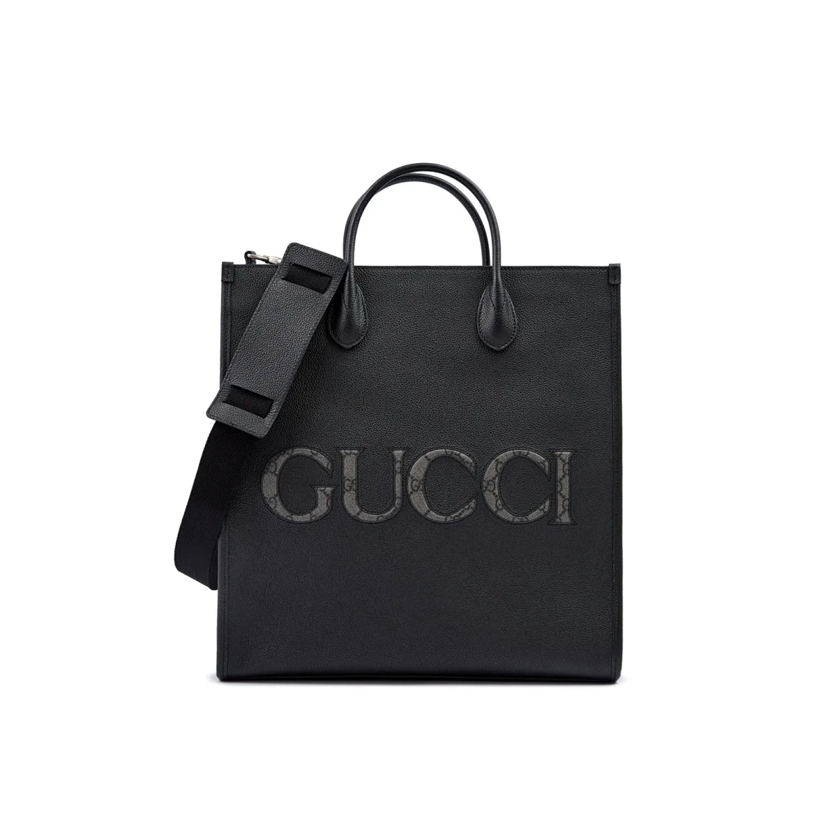 Gucci Black Leather Logo Medium Tote Bag with Adjustable Strap