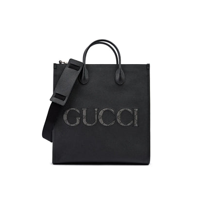Gucci Black Leather Logo Medium Tote Bag with Adjustable Strap