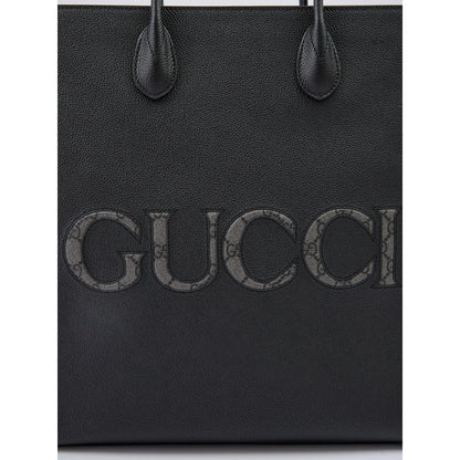 Gucci Black Leather Logo Medium Tote Bag with Adjustable Strap
