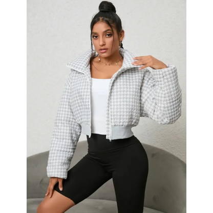 Charming Houndstooth Zip-Up Jacket for Effortless Style and Comfort Clothing Jackets Trendsi