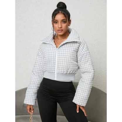 Charming Houndstooth Zip-Up Jacket for Effortless Style and Comfort Clothing Jackets Trendsi