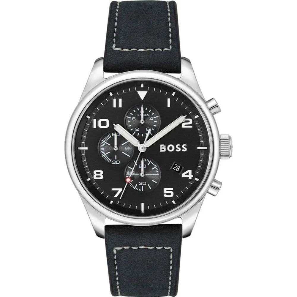 Hugo Boss Black Leather Dress Watch Stainless Steel 44mm