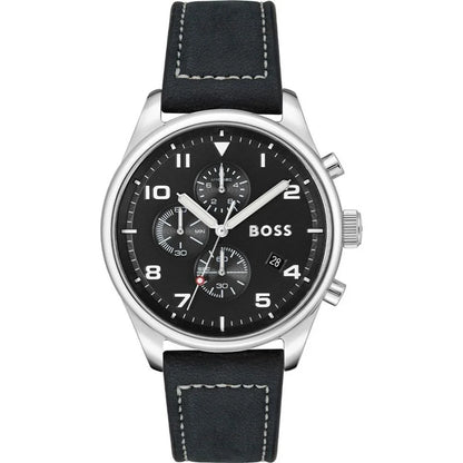 Hugo Boss Black Leather Dress Watch Stainless Steel 44mm