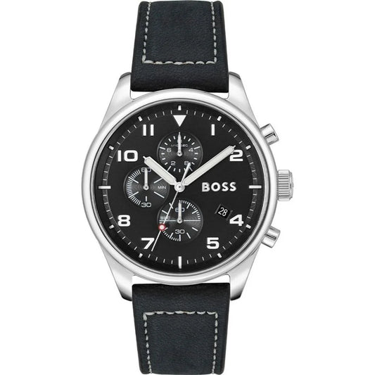 Hugo Boss Black Leather Dress Watch Stainless Steel 44mm