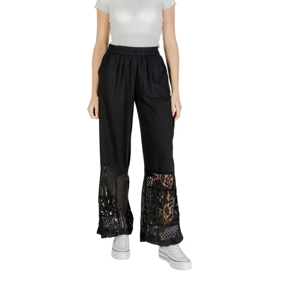 ICHI Black Cotton Casual Pants