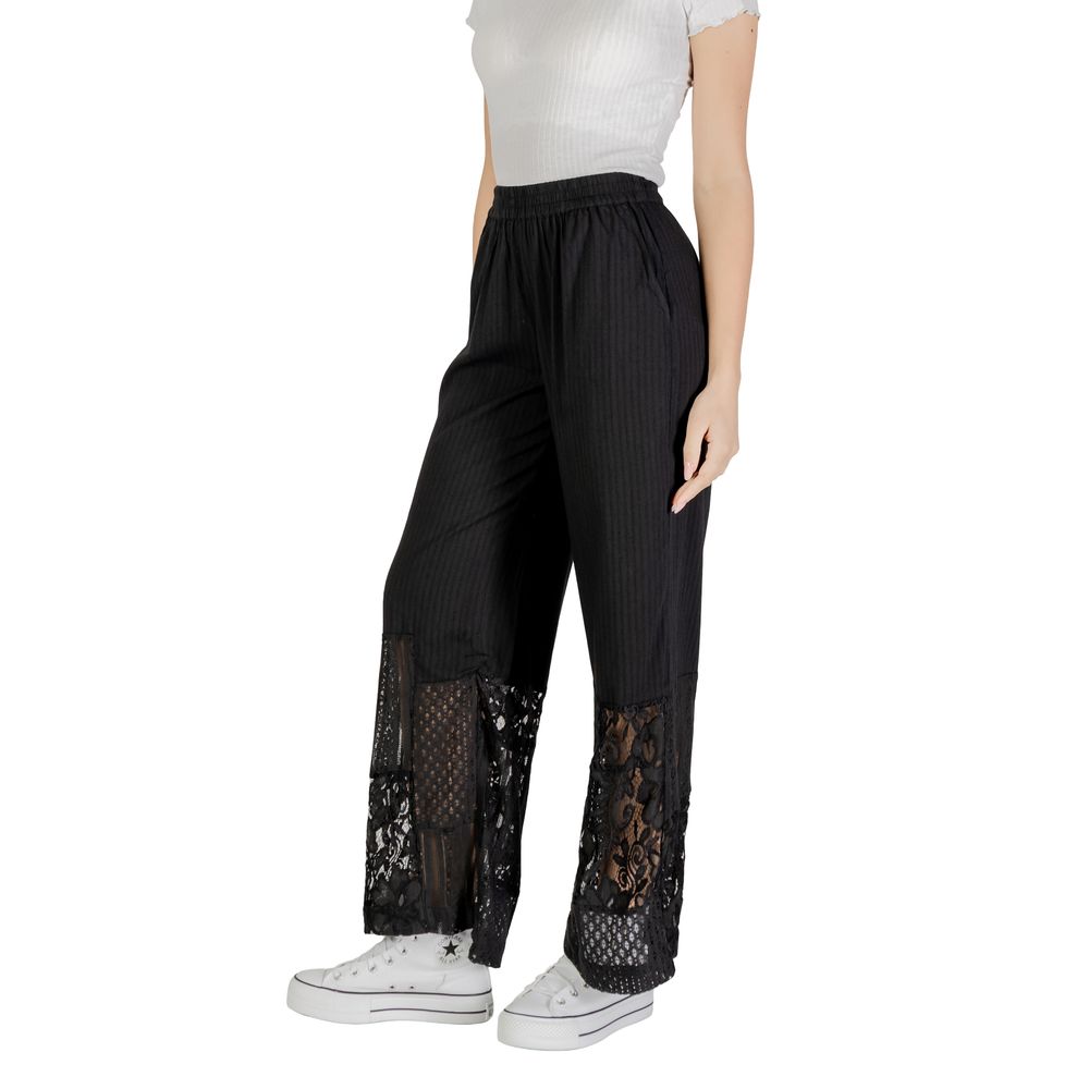 Ichi Black Cotton Casual Pants