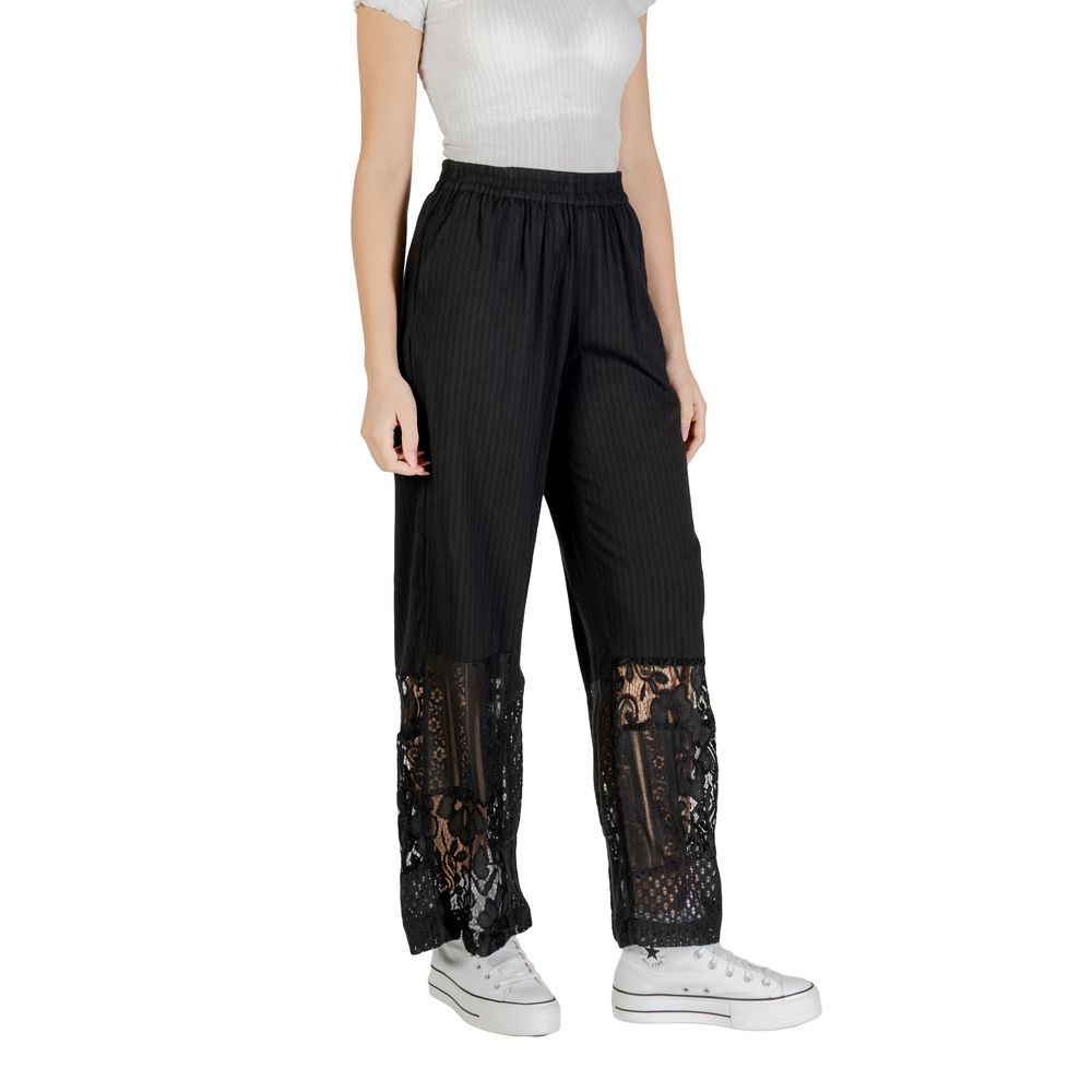 Ichi Black Cotton Casual Pants