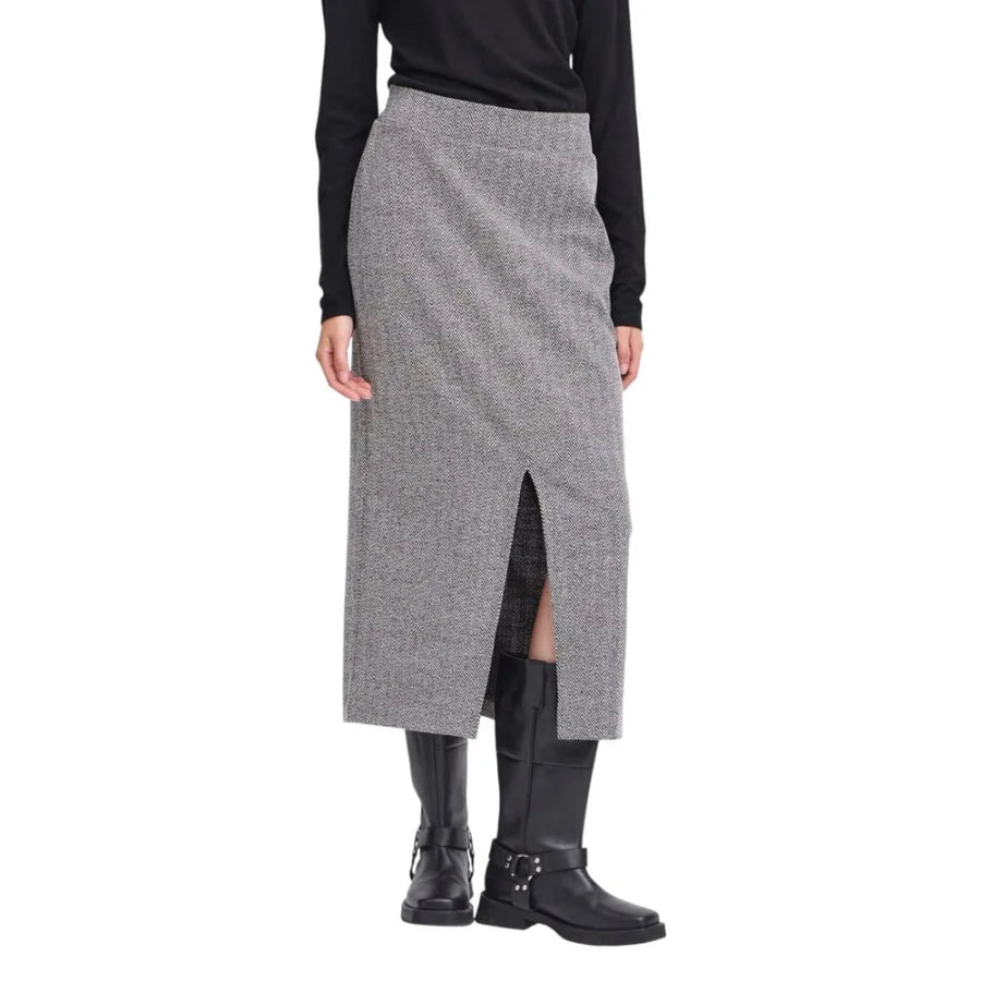 ICHI Black And White Polyester Long Skirt
