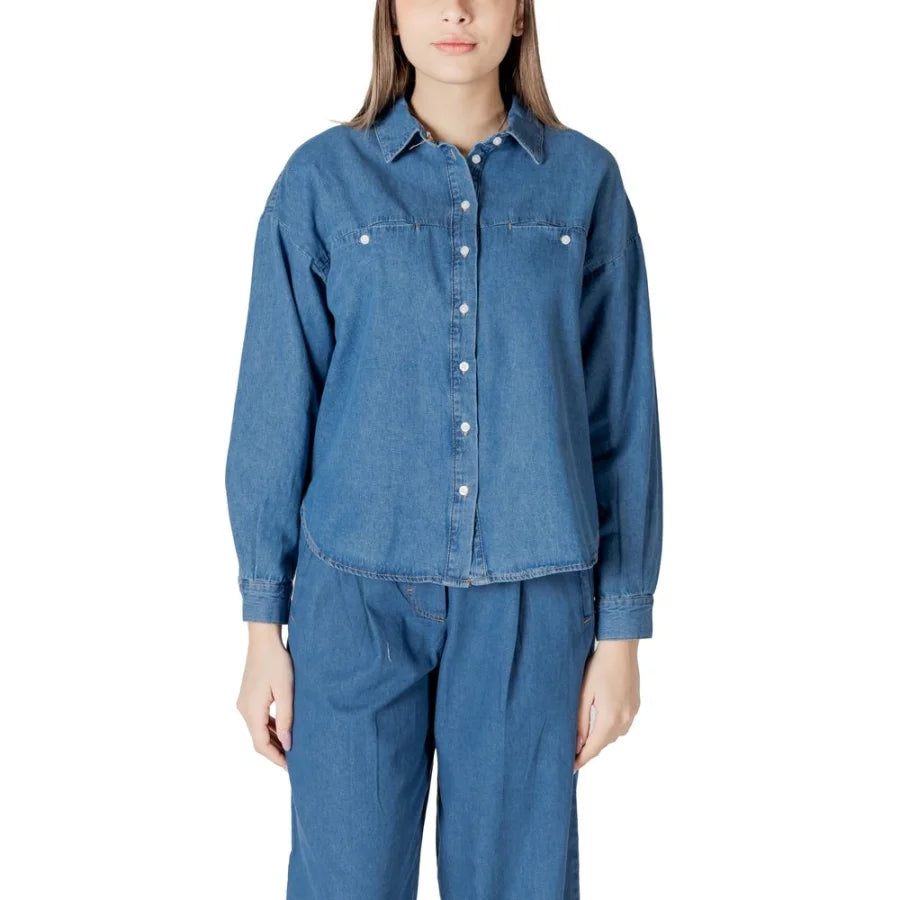ICHI Blue Cotton Blouse