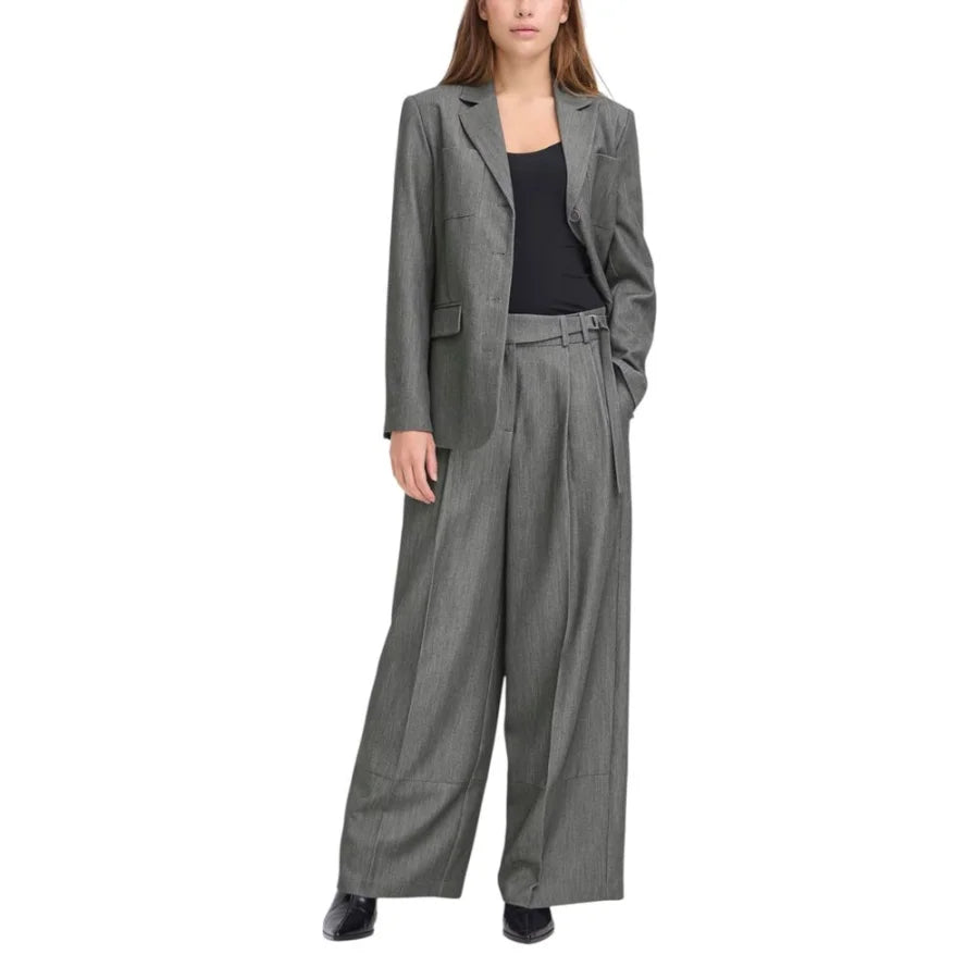 ICHI Gray Polyester Casual Pants