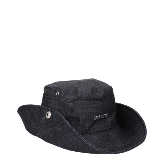 Jacquemus Blue Cotton Hat with Front Logo and Side Buttons Clothing