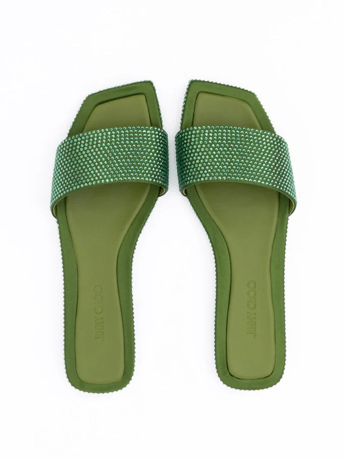 Jimmy Choo Green Satin Crystal Clovis Flat