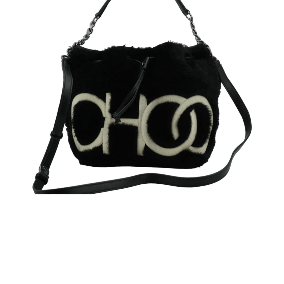 Jimmy Choo Shearling Juno Shoulder Bag with Logo Details Black