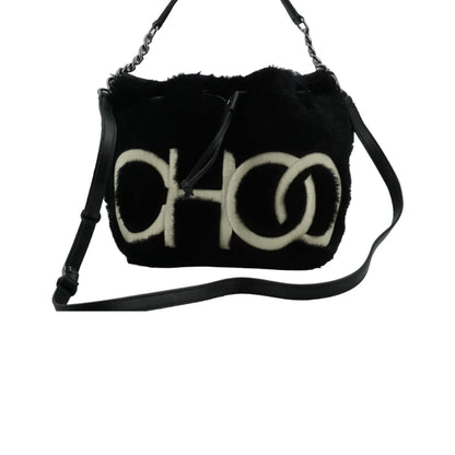 Jimmy Choo Shearling Juno Shoulder Bag with Logo Details Black