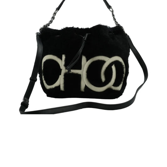 Jimmy Choo Shearling Juno Shoulder Bag with Logo Details Black