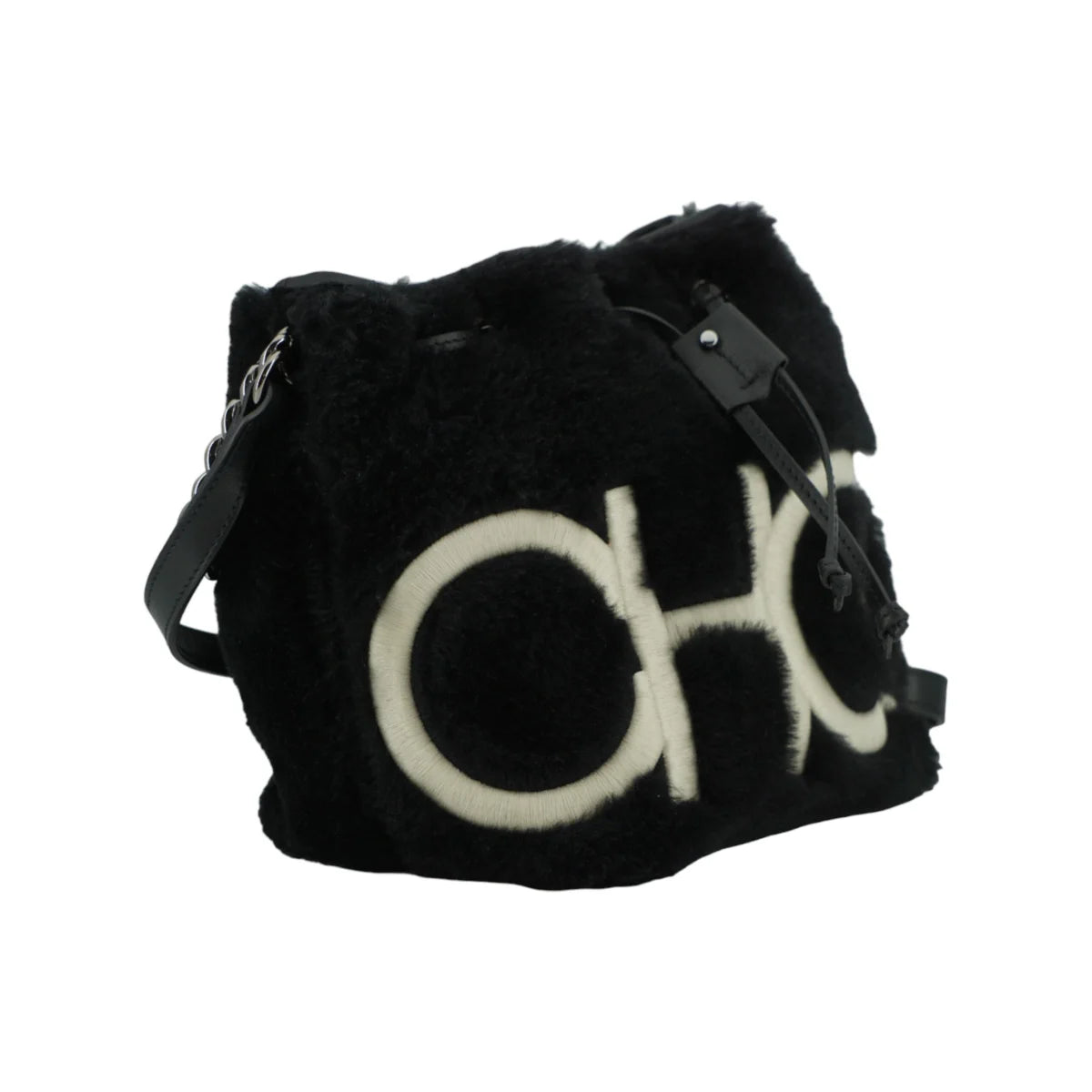 Jimmy Choo Shearling Juno Shoulder Bag with Logo Details Black