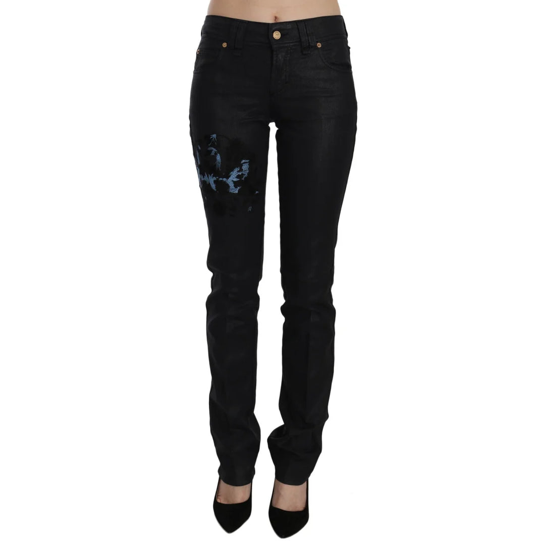 John Galliano Black Swan Floral Embroidered Mid Waist Skinny Denim Jeans